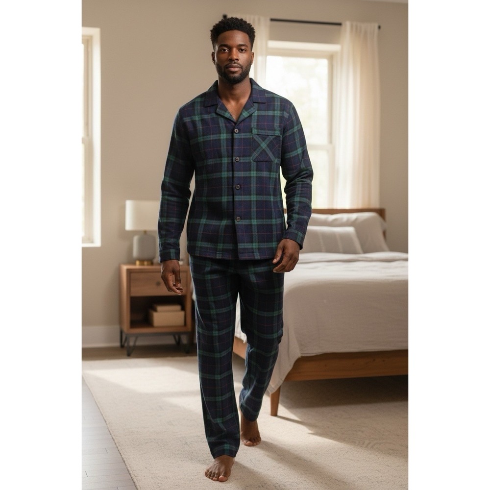 Weldon Men's XL 100% Cotton Plaid Flannel Pajama‎ Set Blue Green New